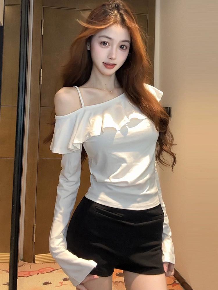 Asymmetrical Ruffled Off-Shoulder Sexy Long-Sleeve Pullover Top