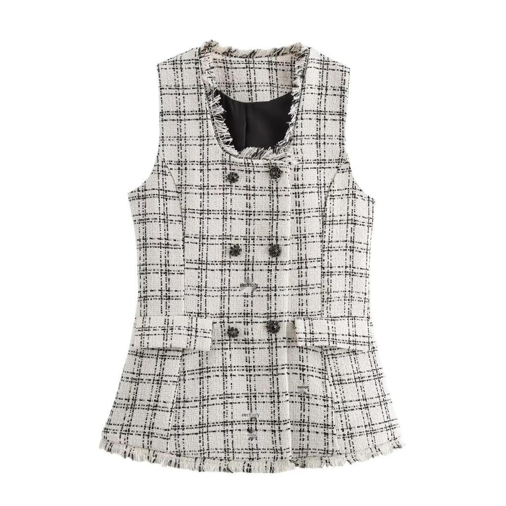 Autumn High Street Style Plaid Vest & High Waist Pants Set