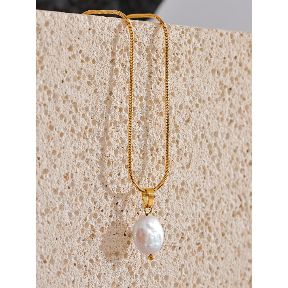 Yhpup Stainless Steel Natural Freshwater Pearls Charm Pendant France Necklace Waterproof Hypoallergenic Stylish Jewelry for Wome