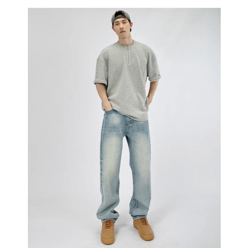 Men's Gray Waffle Knit Half Zip Short Sleeve T-Shirt Casual Streetwear Top