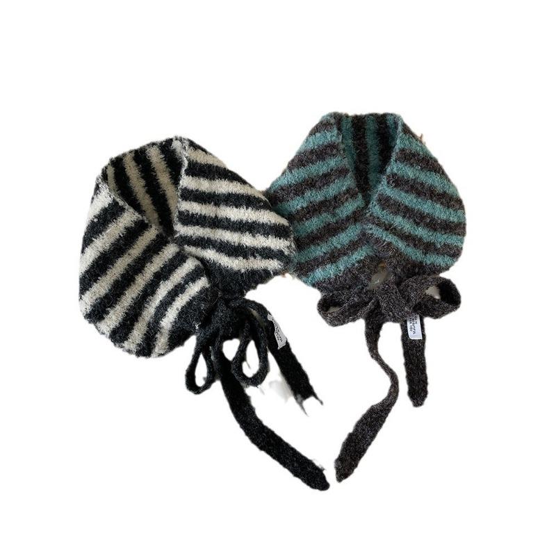 Winter knitted wool small ear scarf women's new high-end stripes slack with scarf