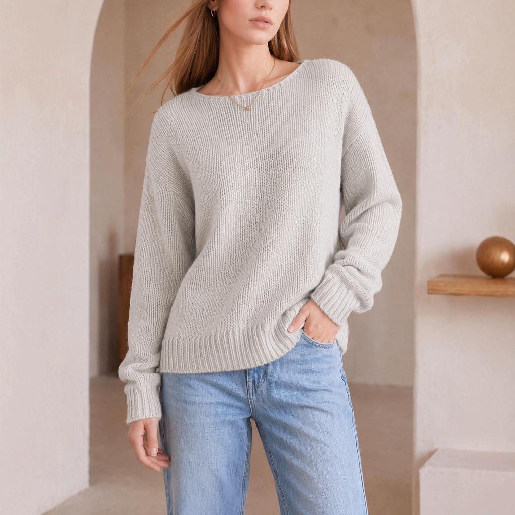 Basic Solid Color Crew Neck Knitted Sweater Loose Long Sleeve Knitted Top Casual Knitted Women's Pullover