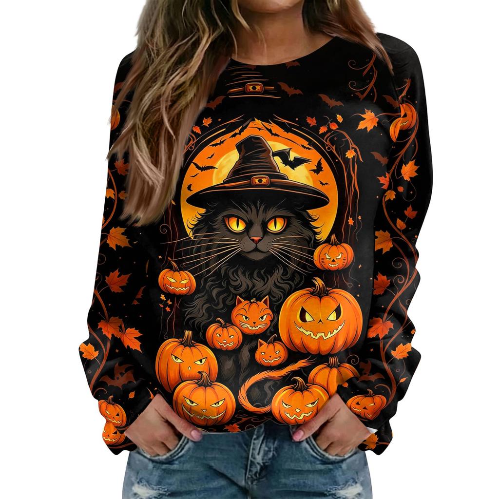 Women's Casual Halloween Print Raglan Long Sleeve Neck Sweatshirt Top