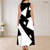 Women Plus Size Round Neck Triple Keyhole Cutout Sleeveless Black White Geometric Print Maxi Dress