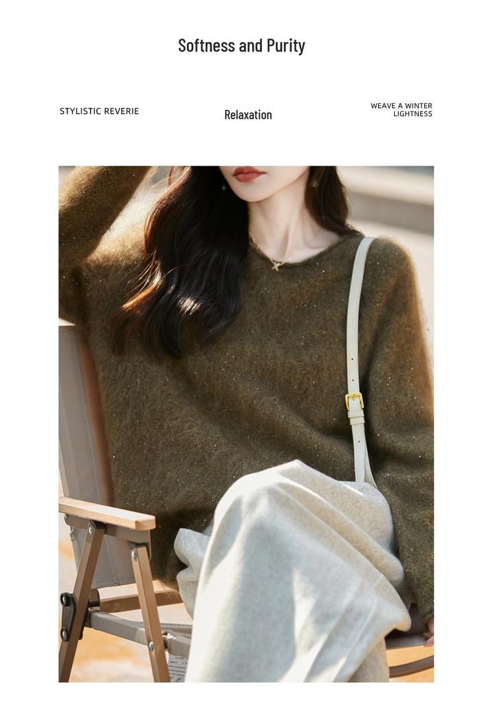 Women's Round Neck Loose Fleece Wool Sweater with Rolled Hem, Soft and Fluffy, Sequin Yarn, Autumn Winter Cashmere Pullover.