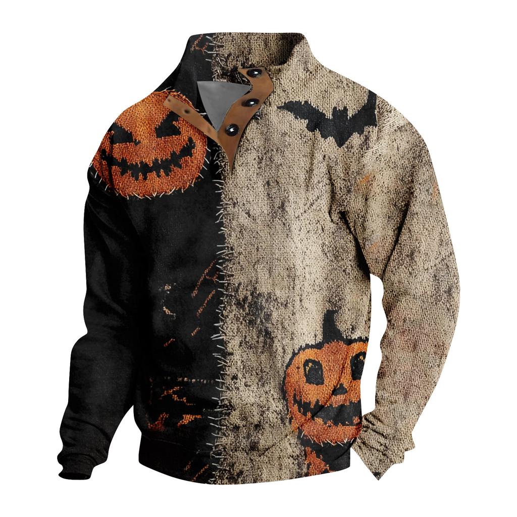 Men's Casual Fashion Christmas Printed Hoodless Sweatshirt Wide Men's Loose Button Stand Collar Hooded Sweatshirt