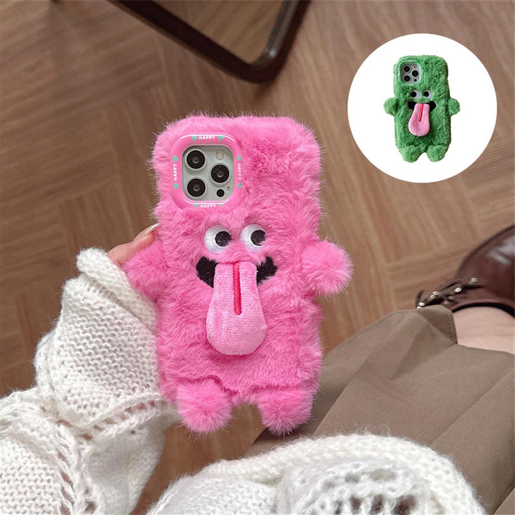 Funny Tongue Sticking Out Plush Mobile Phone Case, Winter Warm Fuzzy Phone Case Cover, Christmas Cute Phone Case For 15