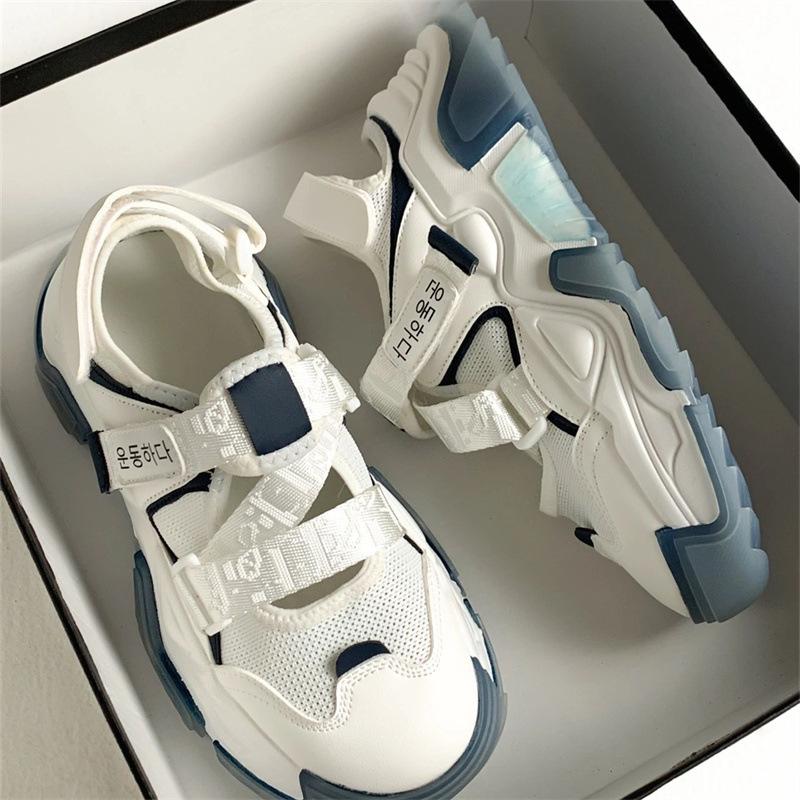 

New summer sports shoes through the net breathable hollow dad shoes platform Velcro single shoes 35【inner length 22.5cm】 синий