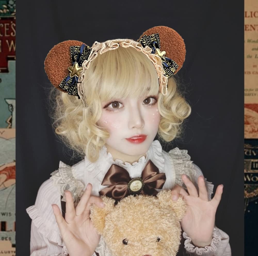 Bear Ear Headband Lolita Headpiece with Large Cotton and Cosplay Costume [SRrabbit] Ears, Off-White Lace, (Navy & Gold)