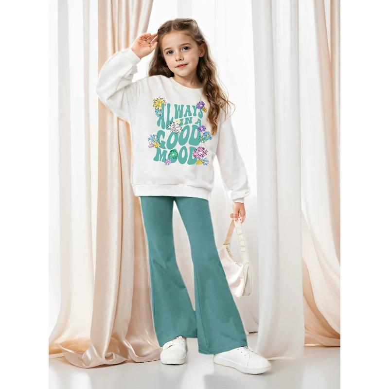Children's Clothing Girls Floral English Patterns Off-Shoulder Pullover Flared Pants Two-Piece Set Blue-Green Pants Comfortable and Versatile Set