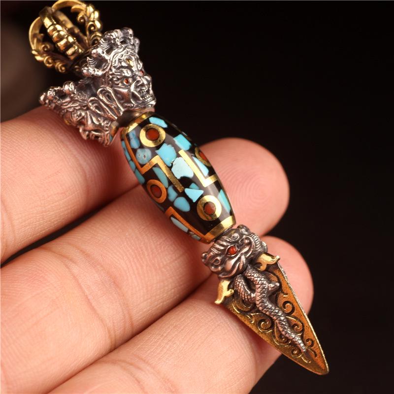 Tibetan Ritual Tools: Retro Silver Yueling Knife, Elephant Trunk Pendant, Vajra Pestle Accessories - Unisex Cultural Gifts