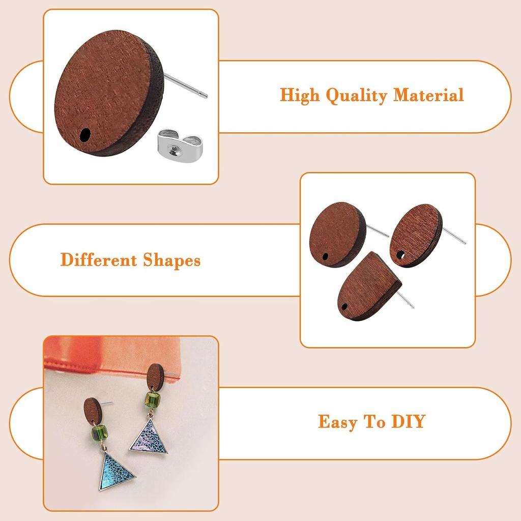 Oubaka 60pcs Wooden Earring Studs for Jewelry Making,Wooden Stud Earrings Wood Earring Posts Earring Pin Stud Bulk with 100pcs Earring Backs for DIY