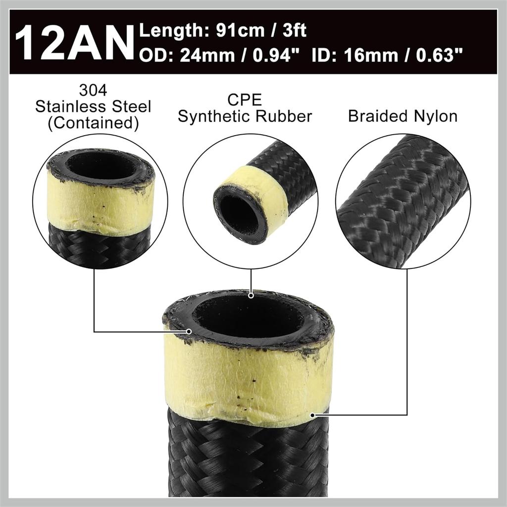 3ft 12AN Fuel Hose AN12 Universal Car Braided Nylon Stainless Steel CPE Oil Fuel Gas Line Hose Black Replacement Car Parts