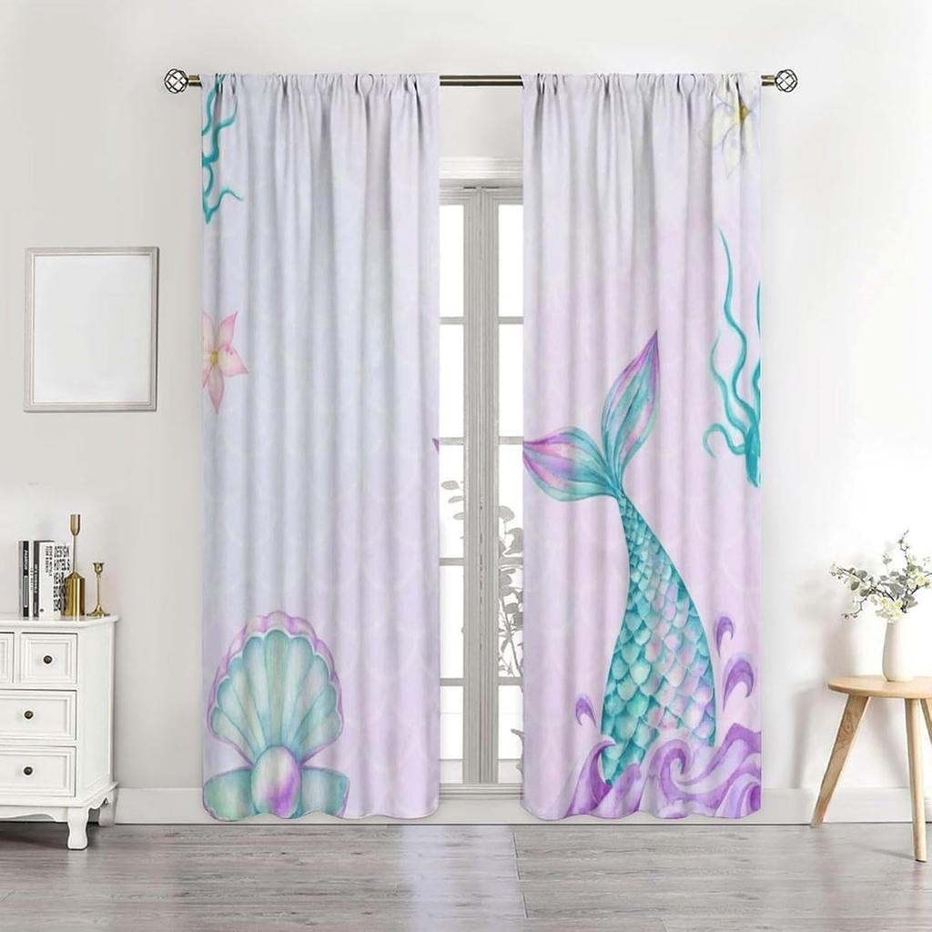 Mermaid Curtains   Mermaid Curtains For Girls Bedroom   Girls Curtains For Bedroom   Mermaid Decor   Cartoon Watercolor Colorful