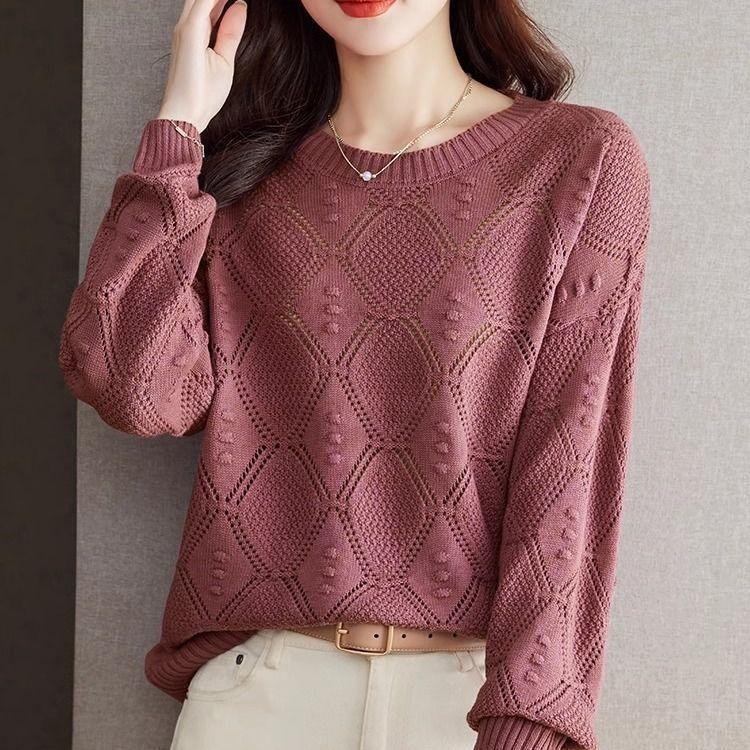 Camiseta Base Fina de Primavera Top Camiseta Base de Primavera y Otoño Holgada Primavera Calado Manga Larga Tejido de Punto Mujer