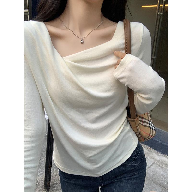 Spring Autumn Sloping Shoulders Solid Bottomed Sweater Women Long Sleeve Casual All-match Pullover KnittingTop