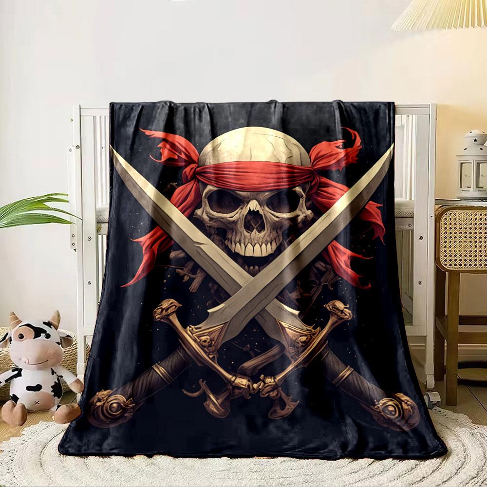 A skull with a red bandana and crossed ornate swords on a dark background. for all seasons blanket lunch break throw gift 80cm x 120cm