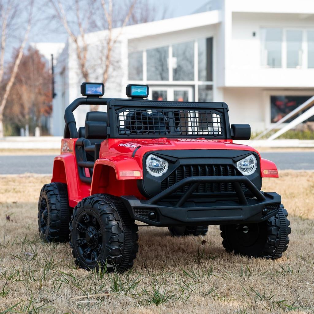 12V 7AH Ride-On Truck Jeep, Kids Electric Car with Parent Remote Control, Spring Suspension, LED Lights, Bluetooth, Music, Red