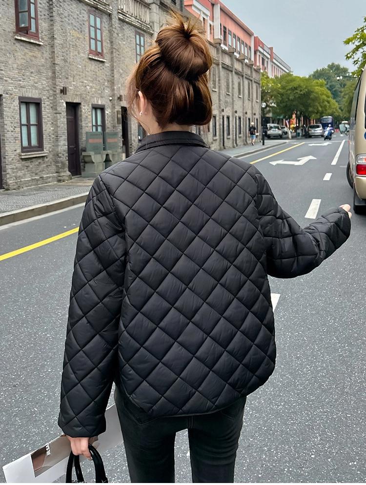 Thin Short Rhomboid Winter Jacket with Turn Down Collar