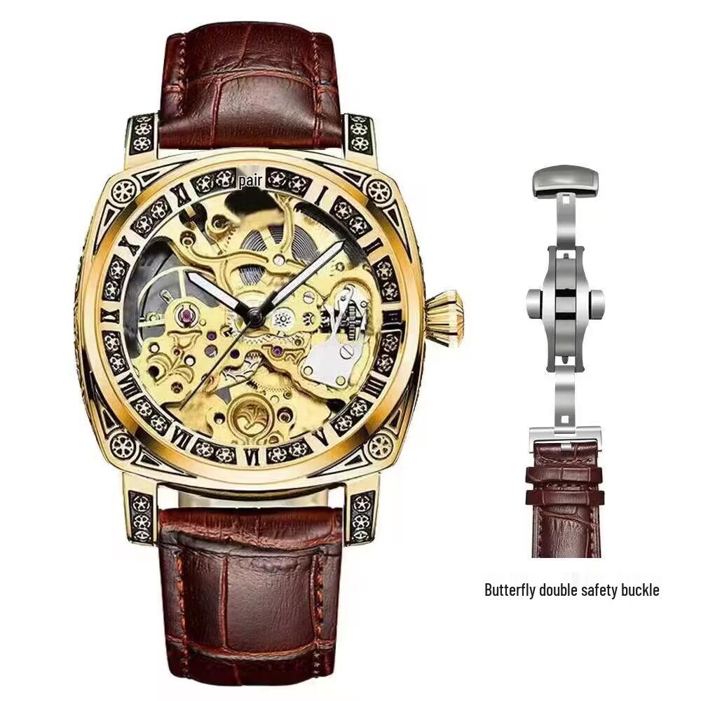 Herren Skelett Automatische Mechanische Uhr, Geprägtes Edelstahl