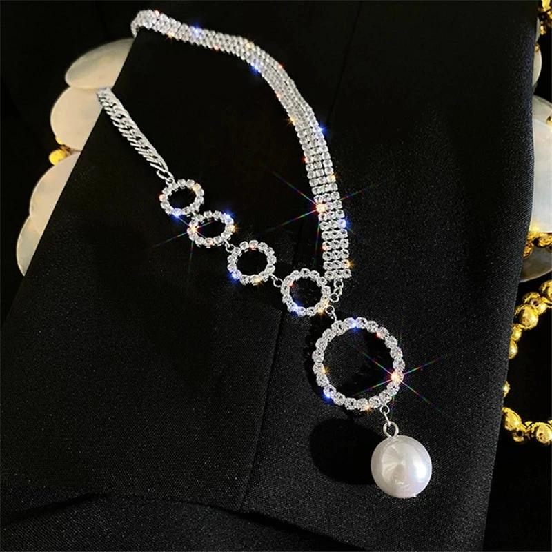 Light Luxury Temperament Full Diamond Large Circular Pearl Necklace Design Sense Splicing Collarbone Chain Women Sexy Jewelry
