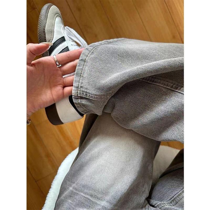 Women's Trendy Vintage Washed Grey Tie-Dye Micro-Flare Jeans with Loose Casual Straight Leg Drape