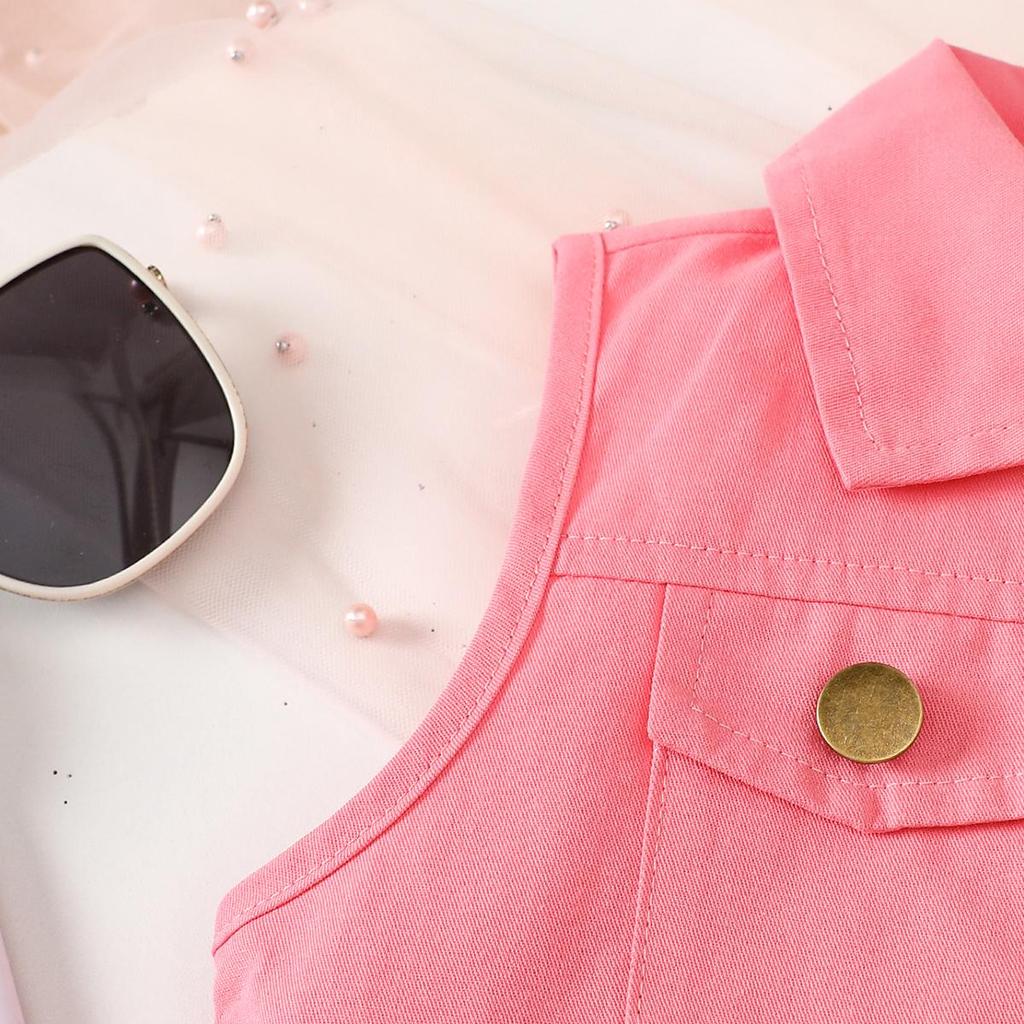Girls' Pink Vest & Pleated Skirt 2Pcs Casual Outfit