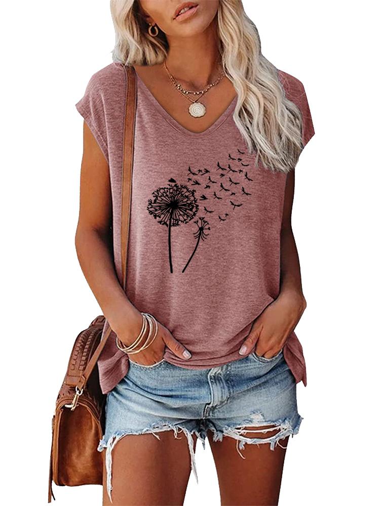 

Women Fashion Printed Top Summer V Collar Tee Shirt Ladies Casual Short Sleeve T-shirt XXL розовый