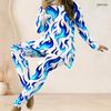 Women Plus Size White Red Black Printed Two Piece Set Round Neck Long Sleeve Longline Top Fitted Pants