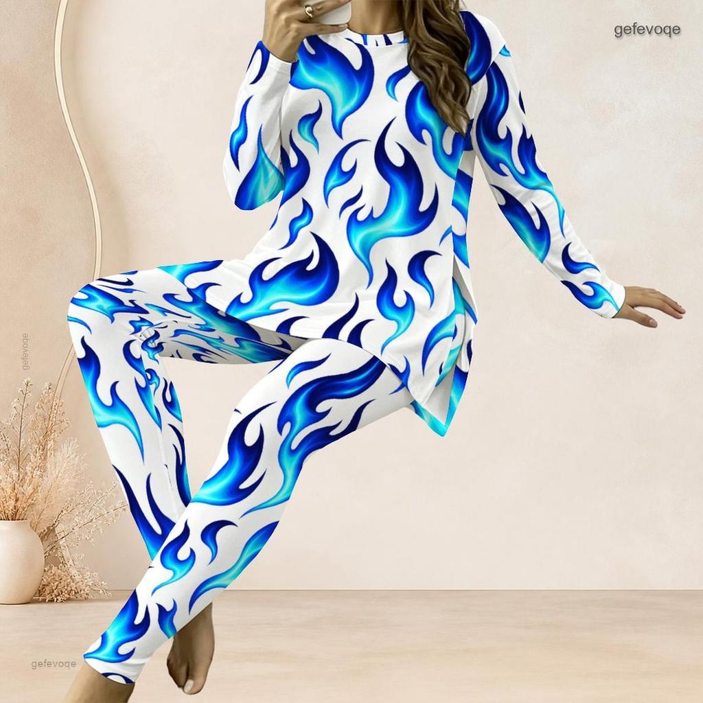 Women Plus Size White Red Black Printed Two Piece Set Round Neck Long Sleeve Longline Top Fitted Pants