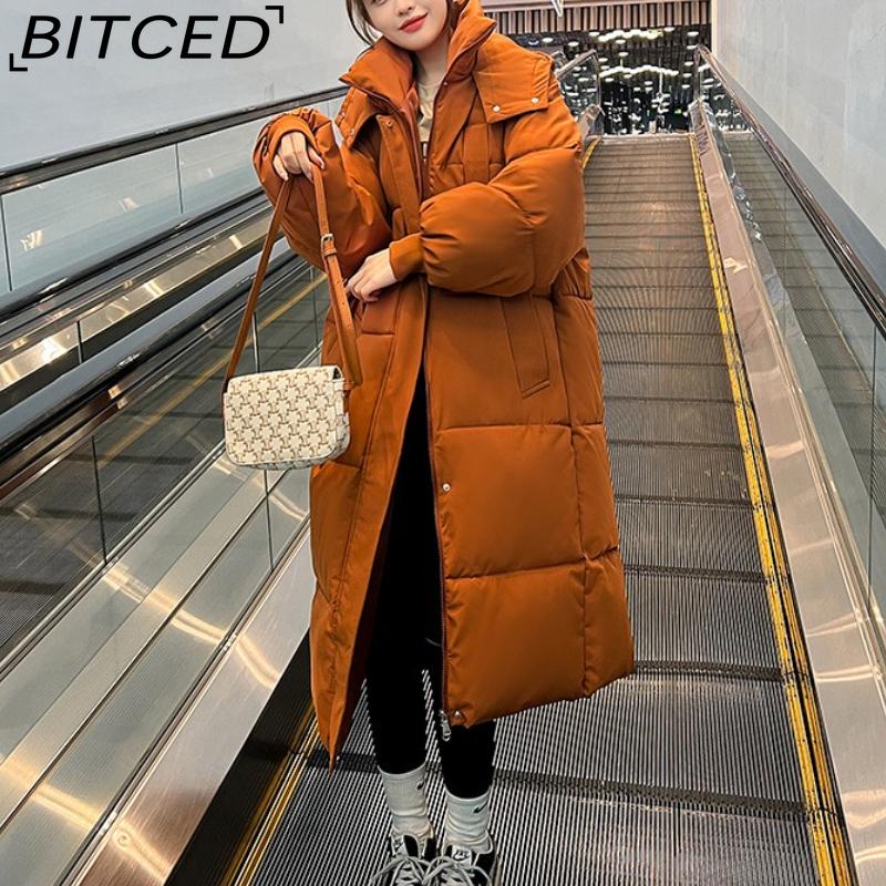 BITCED Women's Long Winter Coat - Knee-Length, Loose-Fit Down Jacket, Thickened Cotton-Padded Coat