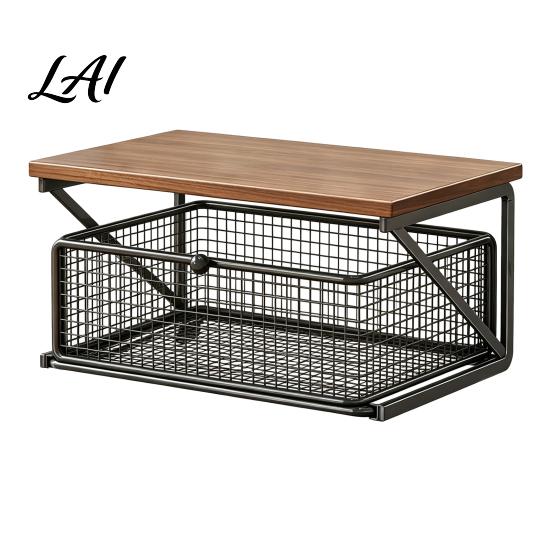 Office Desk Organizer Coffee Station with Drawer Tiered Bar Organizer Wooden Top Shelf Countertop Wire Mesh Drawers for Tea Bags Capsules,