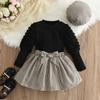 Girls' Autumn Fashionable Puff Sleeve Top and Stylish Plaid Woolen Skirt Set with Hat