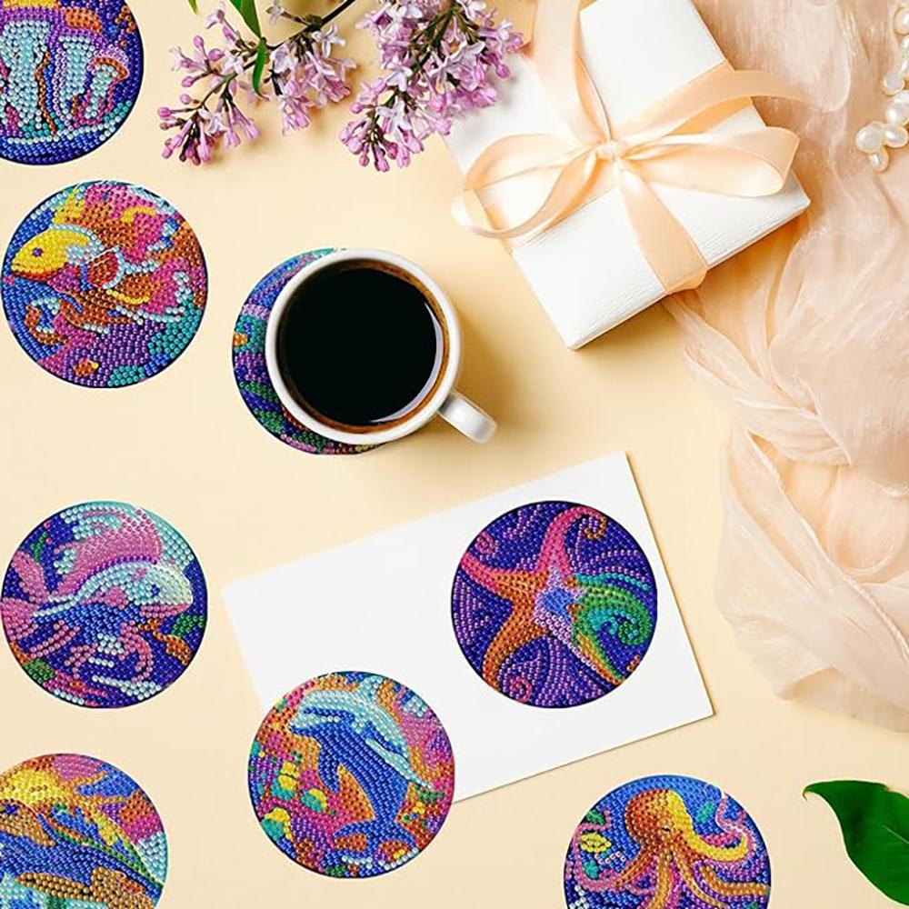 8 sztuk/zestaw podstawek z motywem zwierząt morskich malowanych diamentami z uchwytami Podkładki DIY dla początkujących i dorosłych, artykuły artystyczne i rzemieślnicze, prezenty