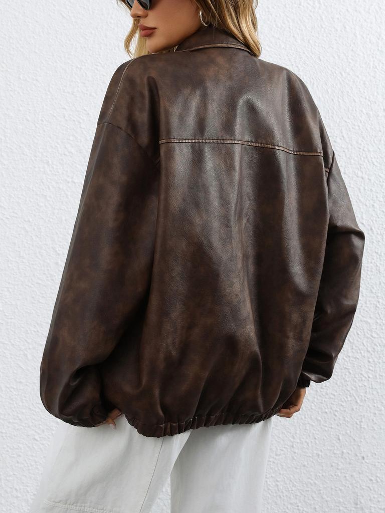 Women Casual Loose Faux Leather Coat Vintage PU Leather Jacket Suit Collar Spring Autumn Lady Overcoat