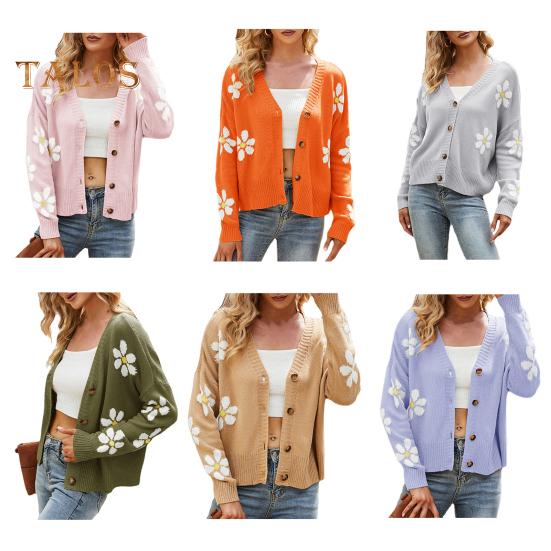 Damen Strickmantel mit Blumenmuster, Pullover, Strickjacke, V-Ausschnitt, lange Ärmel, Knöpfe, Knopfleiste, Strickjacke