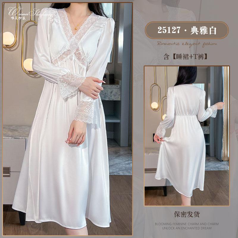 Beautiful yarn autumn new long-sleeved women s sexy lace court dress spring and autumn clothes M белый