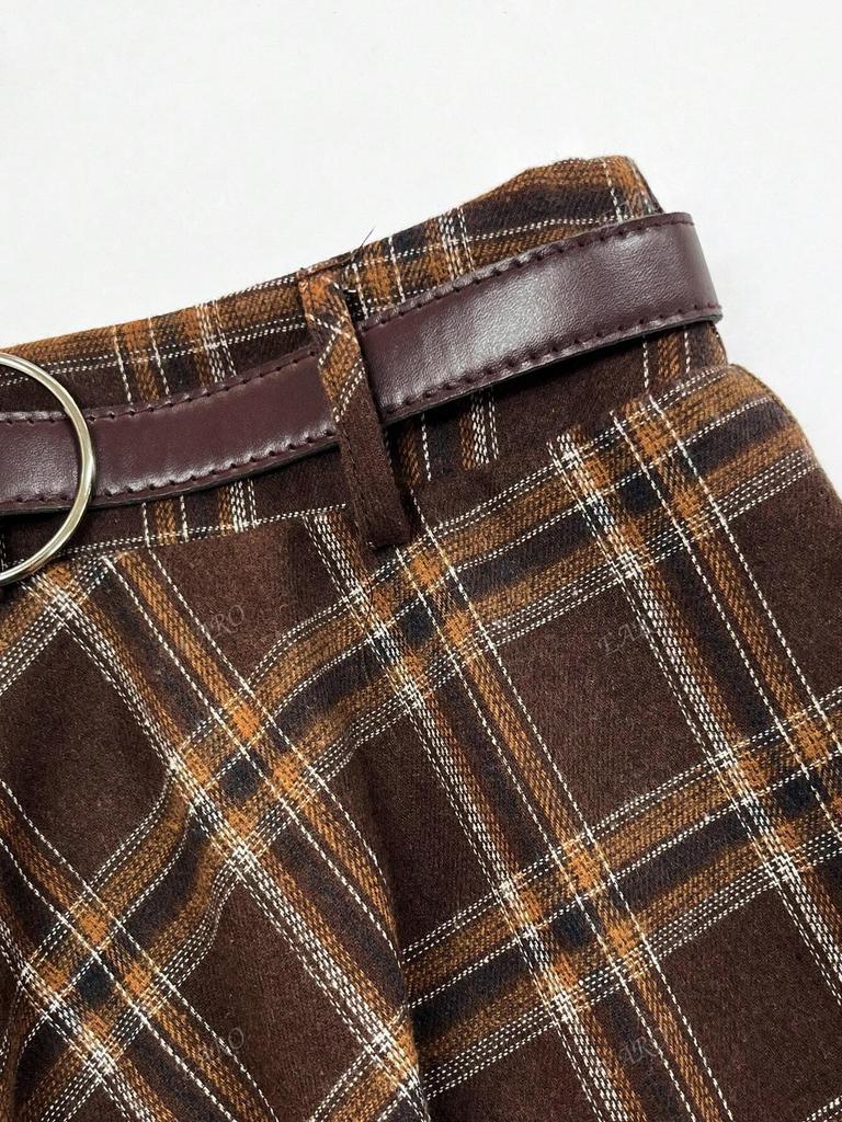 Women's Coffee Plaid A-line High-Waisted Retro Wrap Skirt
