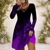 Women Cross V Neck Long Sleeve Dress Red Blue Silver Star Sequin Print Irregular Hem Dress