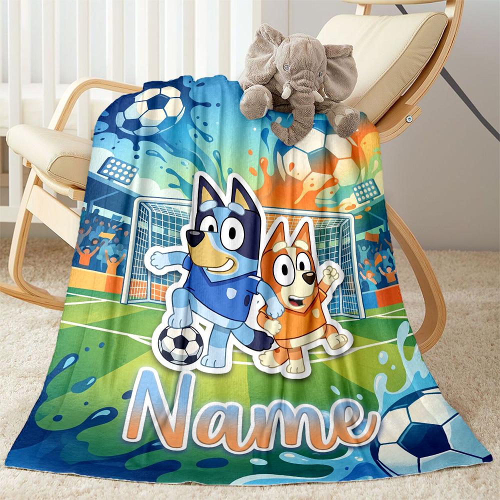 Soccer Fun Bluey Personalized Name Blanket Cozy Customizable Blanket Soft Warm Cozy for Seaside Office Picnics Couch for All Occasions