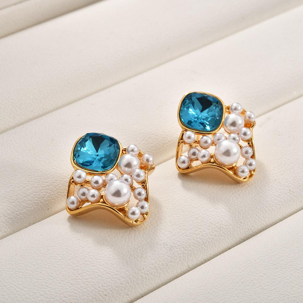 Aquamarin Zirkon Perlenohrringe, Quadratische Stecker, Luxuriöse Statement-Ohrringe, Hohler Designerschmuck