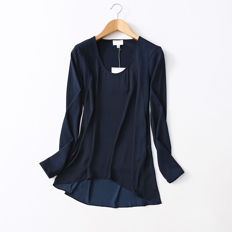 Foreign Trade Export Whole Order Imitation Satin Patchwork Drape Comfortable Long Sleeve Round Neck Pullover Bottoming Shirt Women's T-shirt
