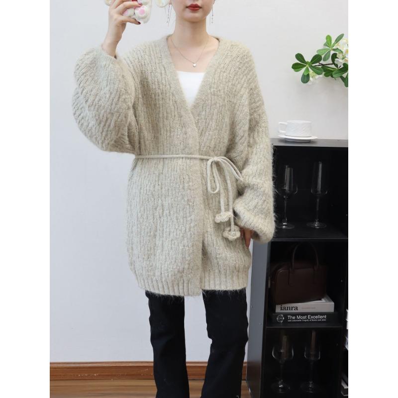 Autumn and winter lace-up loose knitted cardigan medium and long temperament advanced sense gentle wind sweater jacket women