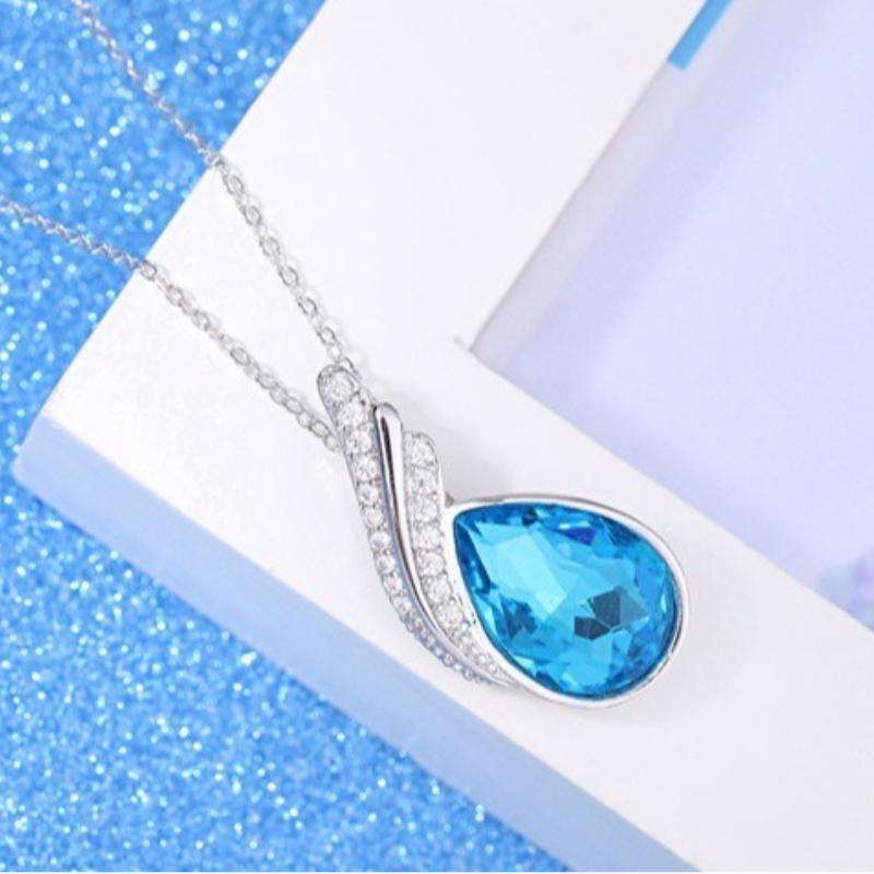 925 Sterling Silver Fashion Light Luxury Sea Blue Crystal Zircon Angel Wings Birthday Party Anniversary Gift