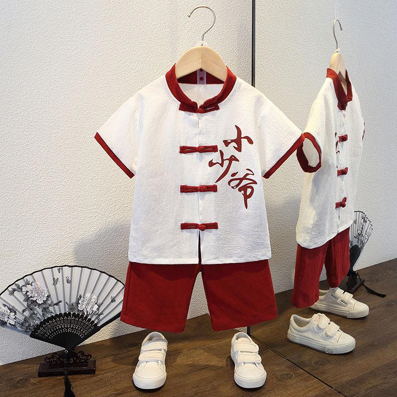 Completo Estivo da Ragazzo a Maniche Corte Stile Cinese per Bambini Hanbok Bello Completo Tang Cotone Lino Sezione Sottile di Abbigliamento Antico
