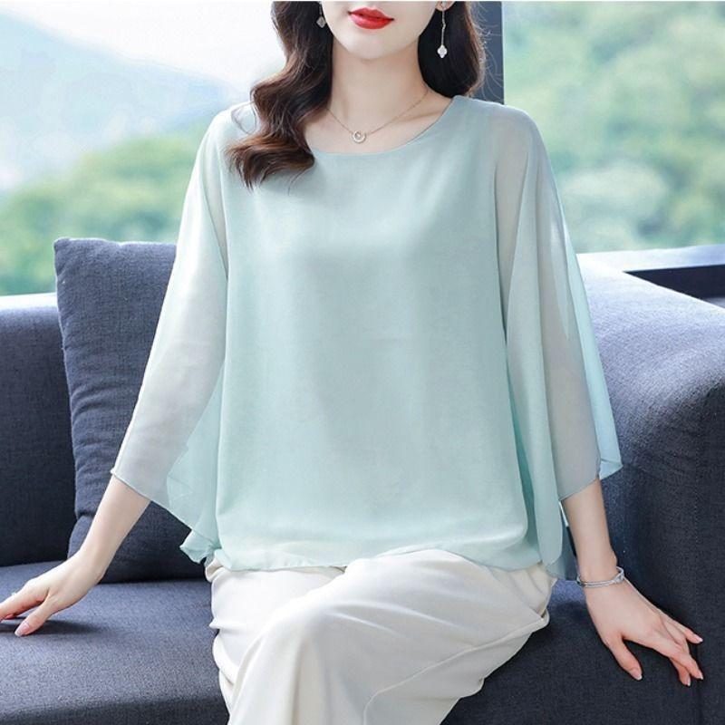 Loose Chiffon Top for Women New Plus Size Round Neck Batball Sleeves Summer Blouse Solid Color Women's Short Sleeved Casual Fashion Elegant T Shirts