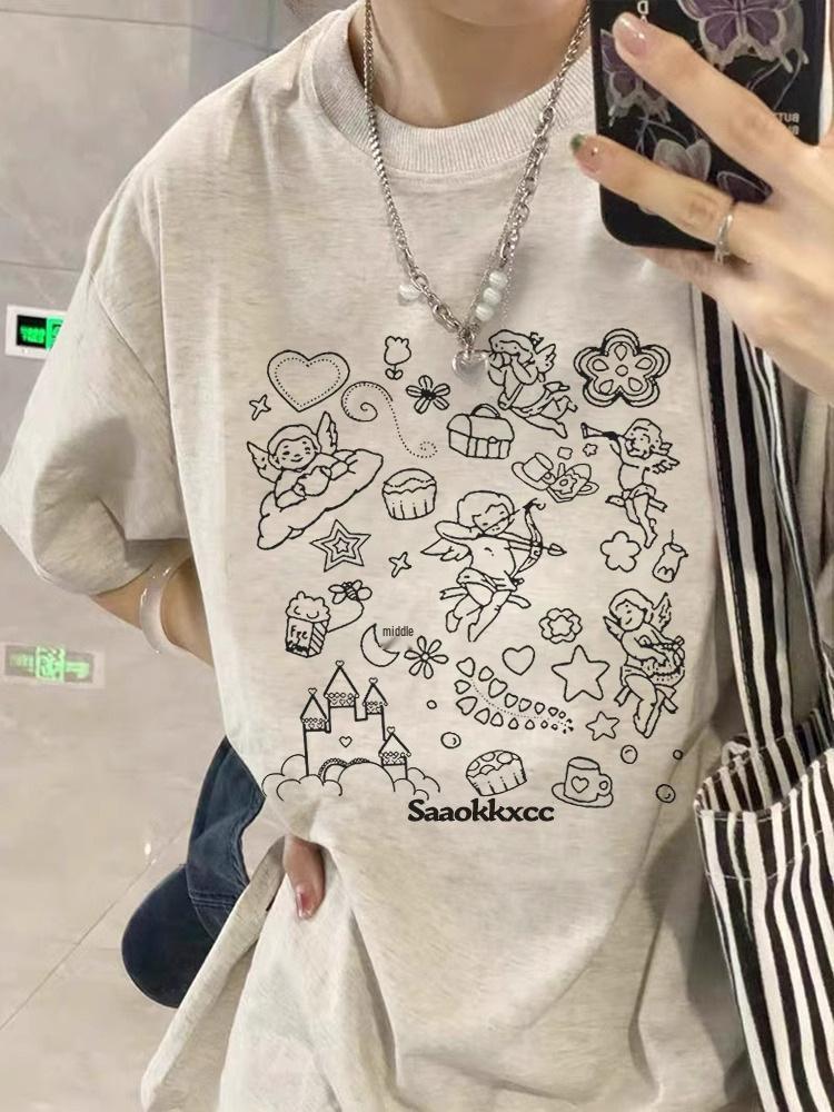 

2025 Plus Size Retro Angel Graphic Off-Shoulder Cotton T-shirt for Women M