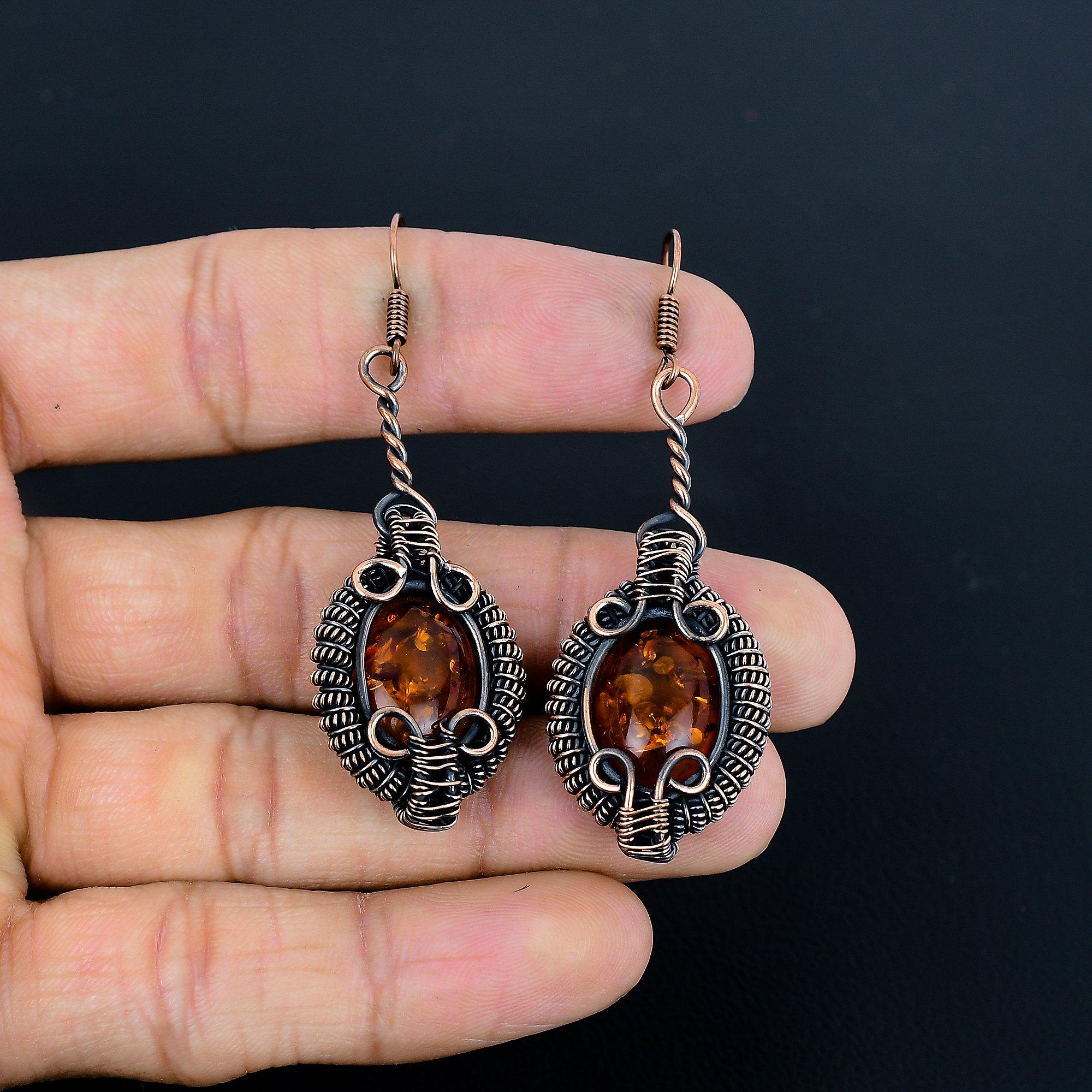 

Серьги из балтийского янтаря, ювелирные изделия из драгоценных камней, обернутые медной проволокой 999 пробы, серьги ручной работы ко Дню матери 2.55 Inches