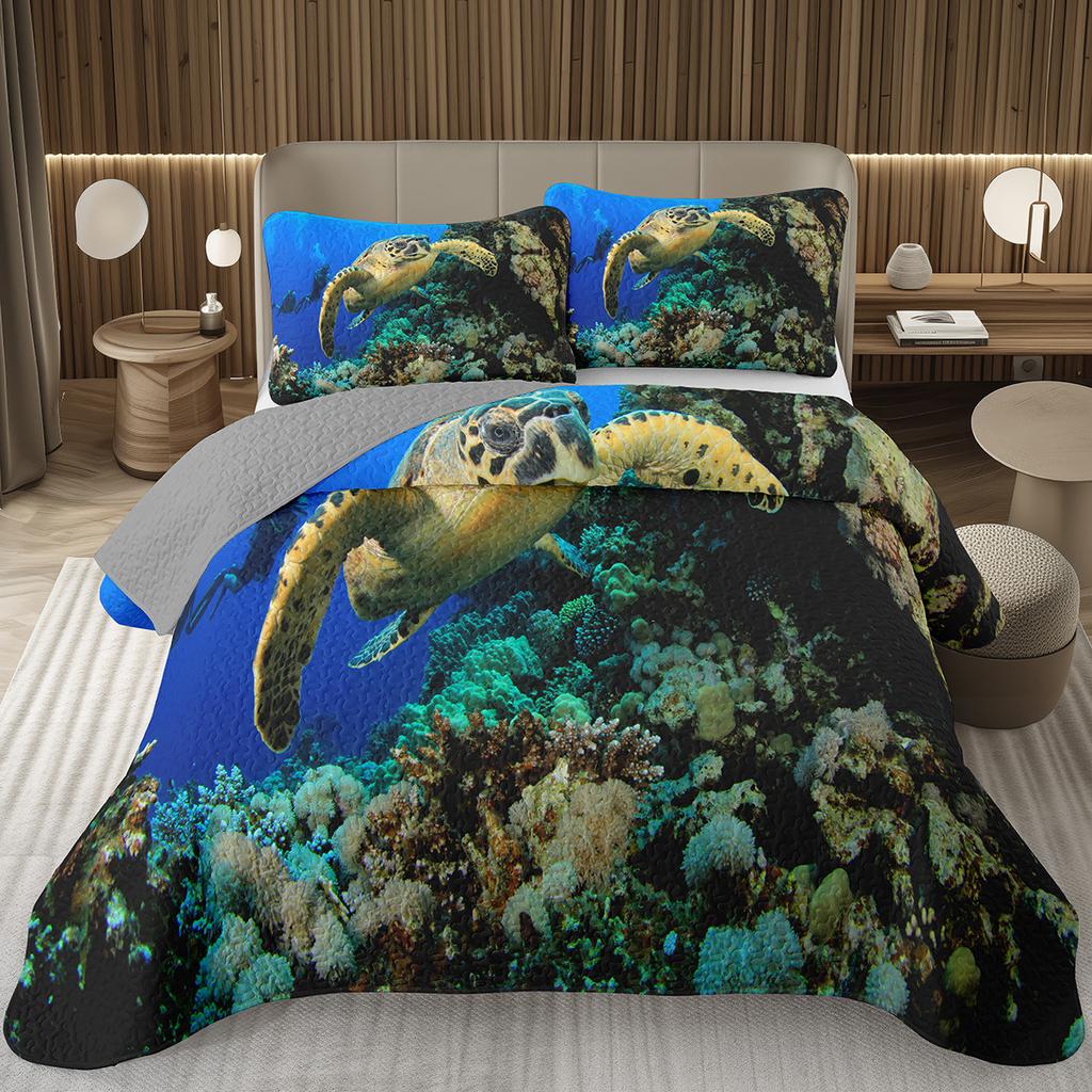 Sea Turtle Bedspread Queen Twin Underwater World Ocean Animal Coverlet Reptile Tortoise Print Quilted Bedding Set for Kids Adult