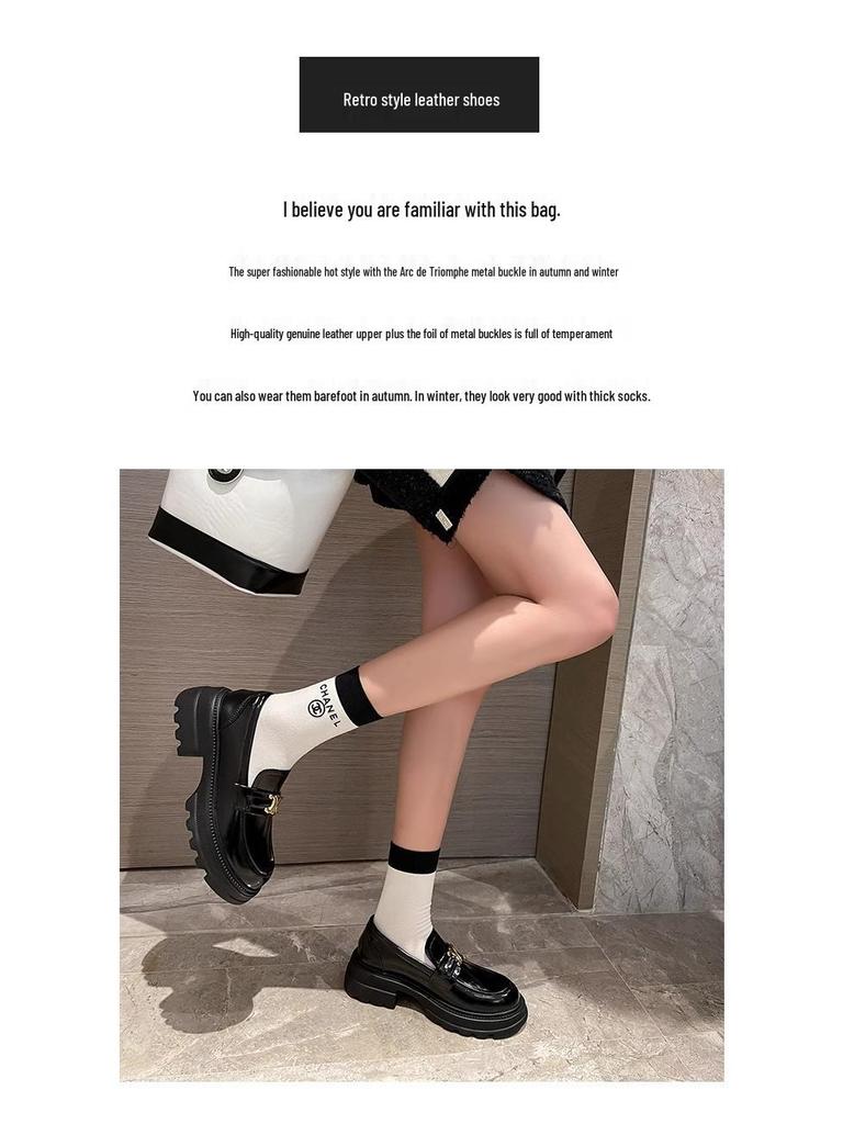 Black Leather British Style Platform Loafers for Women - Height Increasing Slip-on Arc De Triomphe Design